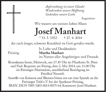 Traueranzeige von Josef Manhart von Süddeutsche Zeitung