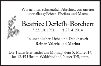 Traueranzeige von Beatrice Derleth-Borchert von Süddeutsche Zeitung