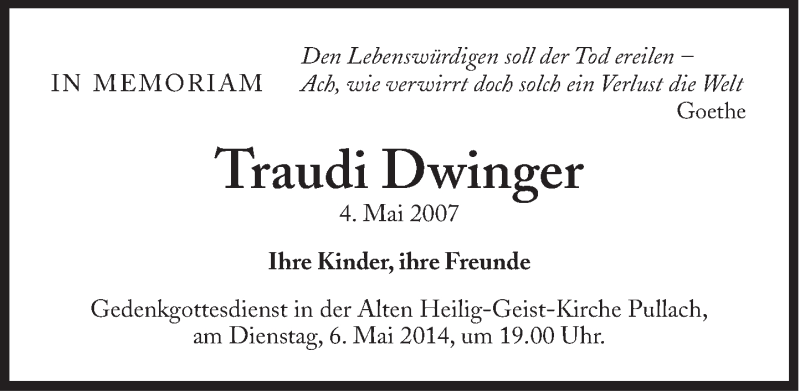  Traueranzeige für Traudi Dwinger vom 03.05.2014 aus Süddeutsche Zeitung