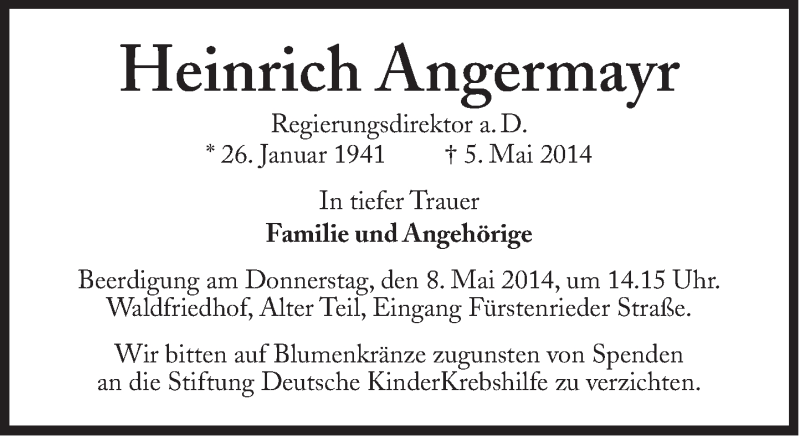  Traueranzeige für Heinrich Angermayr vom 07.05.2014 aus Süddeutsche Zeitung