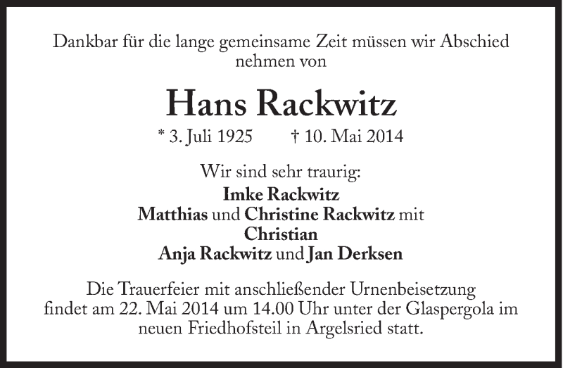 Traueranzeigen Von Hans Rackwitz SZ Gedenken De