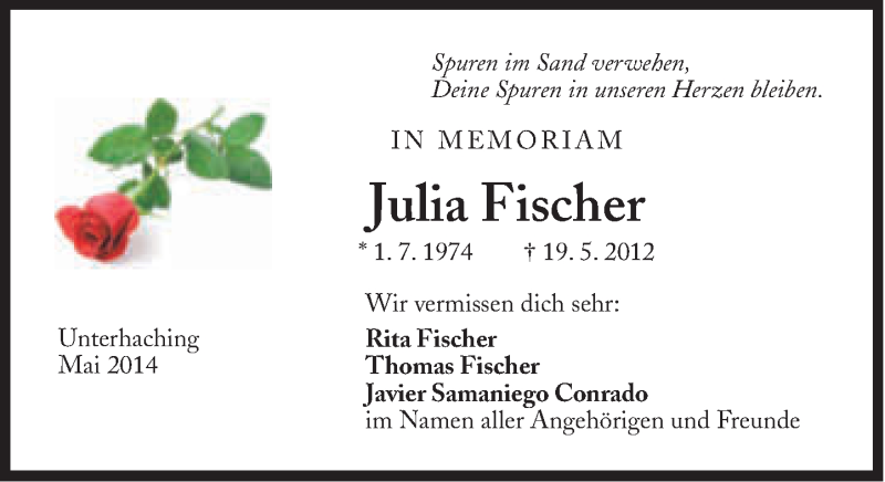  Traueranzeige für Julia Fischer vom 17.05.2014 aus Süddeutsche Zeitung