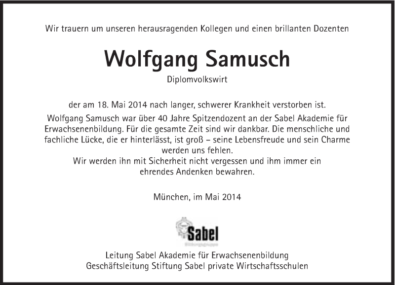  Traueranzeige für Wolfgang Samusch vom 20.05.2014 aus Süddeutsche Zeitung