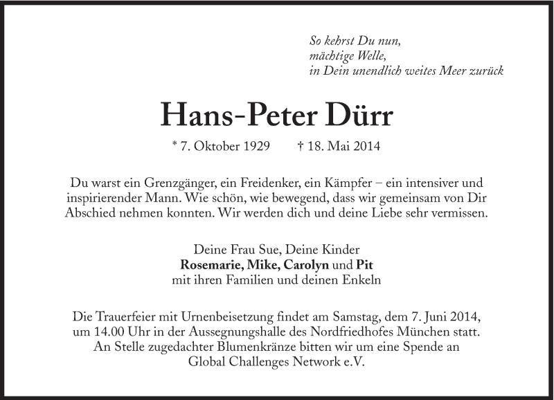  Traueranzeige für Prof.Dr.Dr.h.c. Hans-Peter Dürr vom 21.05.2014 aus Süddeutsche Zeitung