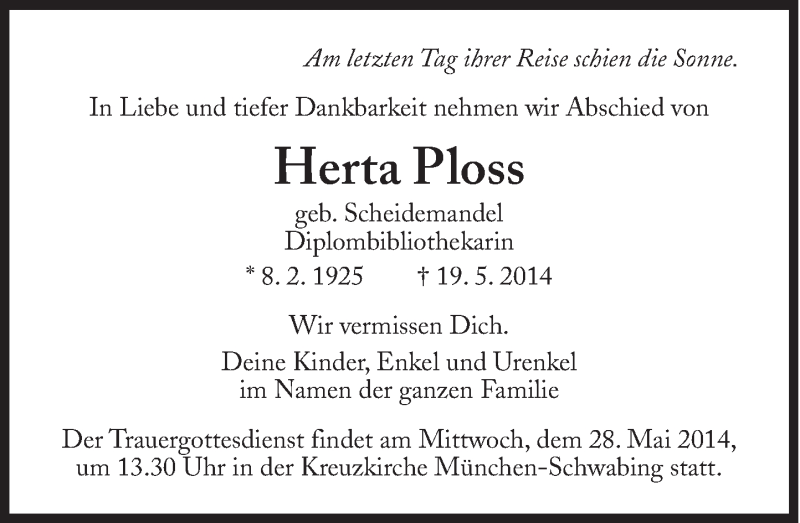  Traueranzeige für Herta Ploss vom 24.05.2014 aus Süddeutsche Zeitung