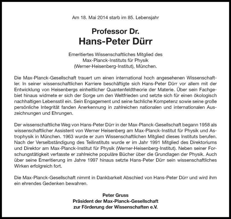  Traueranzeige für Prof.Dr.Dr.h.c. Hans-Peter Dürr vom 22.05.2014 aus Süddeutsche Zeitung