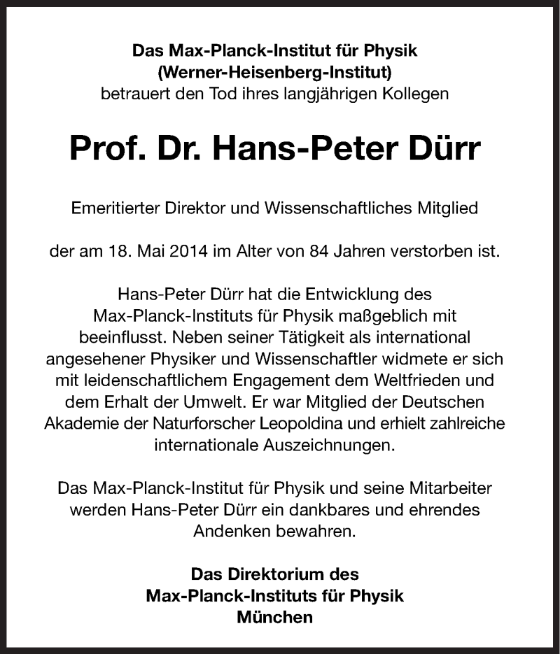  Traueranzeige für Prof.Dr.Dr.h.c. Hans-Peter Dürr vom 22.05.2014 aus Süddeutsche Zeitung