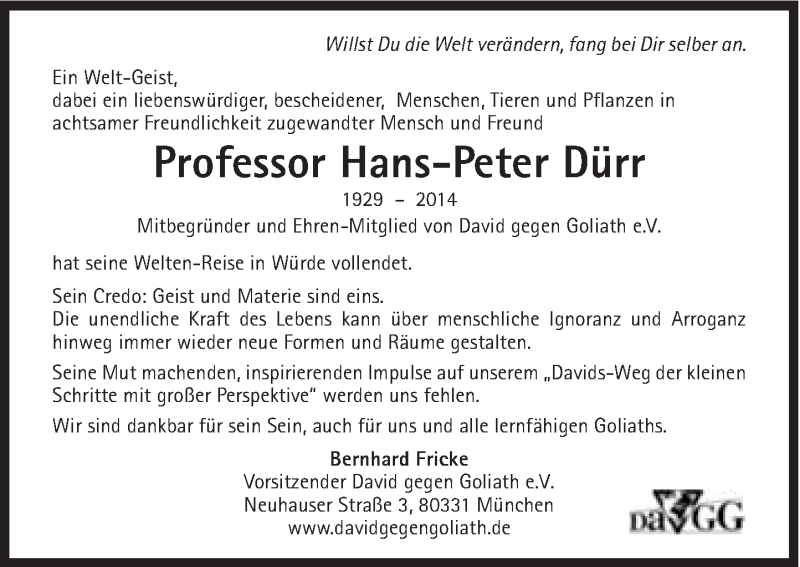  Traueranzeige für Prof.Dr.Dr.h.c. Hans-Peter Dürr vom 24.05.2014 aus Süddeutsche Zeitung