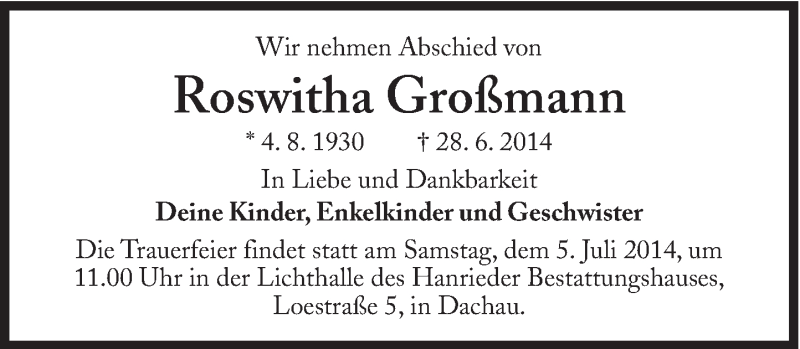  Traueranzeige für Roswitha Großmann vom 02.07.2014 aus Süddeutsche Zeitung
