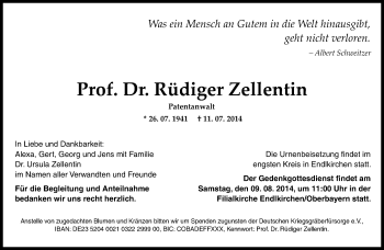 Traueranzeigen Von R Diger Zellentin Sz Gedenken De