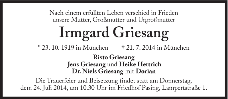  Traueranzeige für Irmgard Griesang vom 23.07.2014 aus Süddeutsche Zeitung