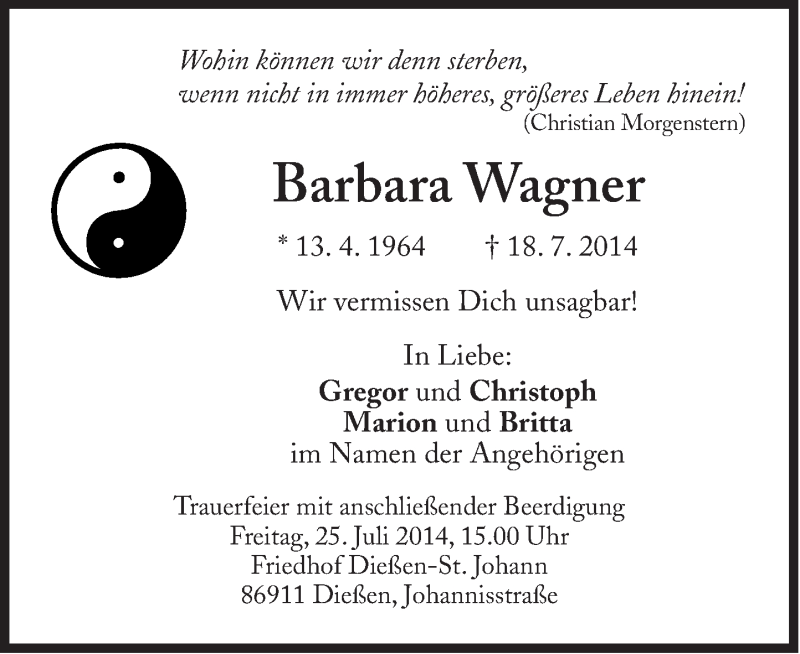  Traueranzeige für Barbara Wagner vom 24.07.2014 aus Süddeutsche Zeitung