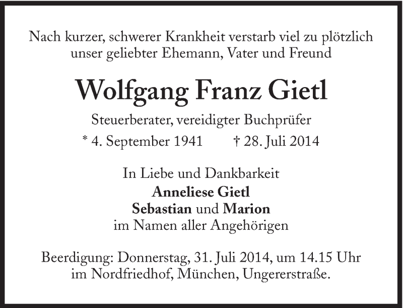  Traueranzeige für Wolfgang Franz Gietl vom 30.07.2014 aus Süddeutsche Zeitung