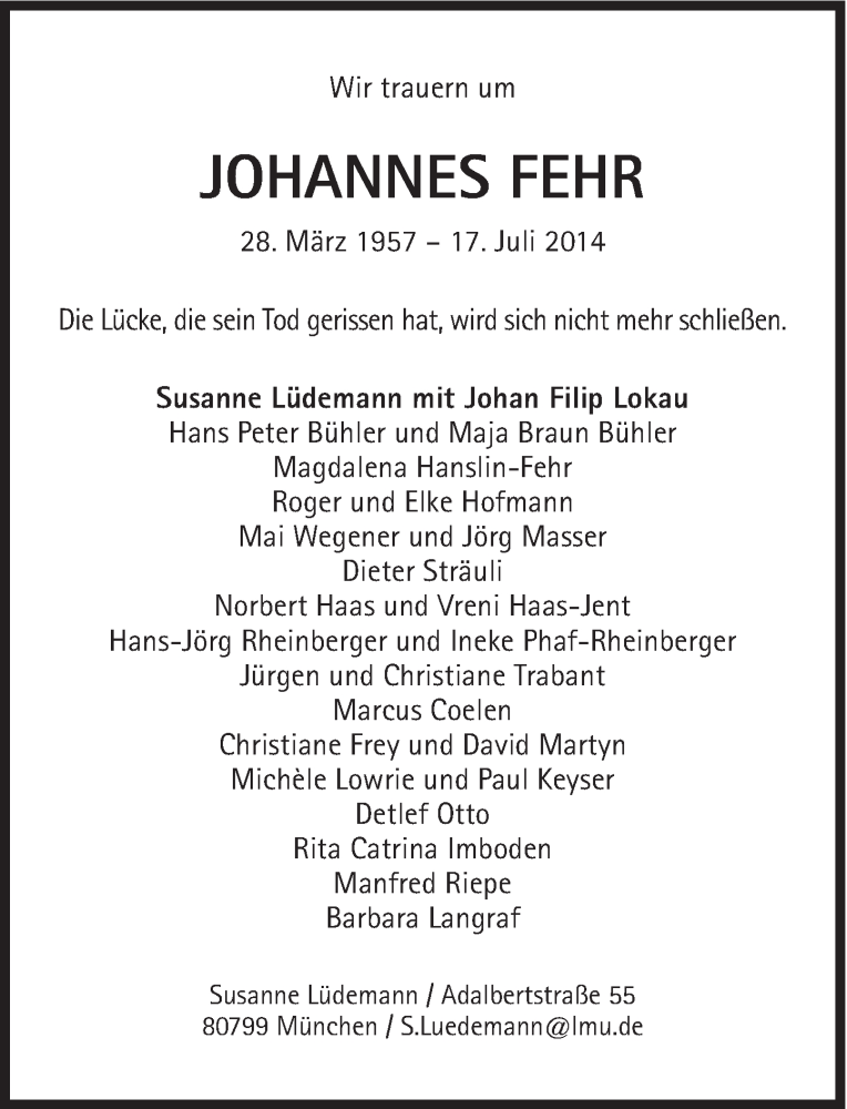 Traueranzeigen Von Johannes Fehr SZ Gedenken De