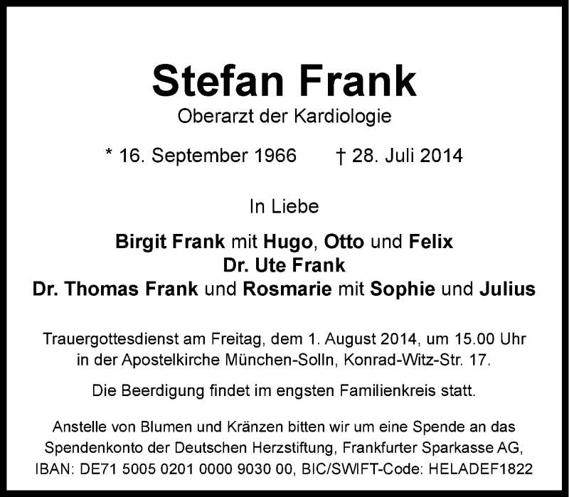  Traueranzeige für Stefan Frank vom 31.07.2014 aus Süddeutsche Zeitung