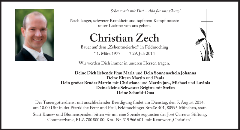  Traueranzeige für Christian Zech vom 02.08.2014 aus Süddeutsche Zeitung