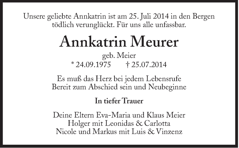 Traueranzeige für Annkatrin Meurer vom 04.08.2014 aus Süddeutsche Zeitung