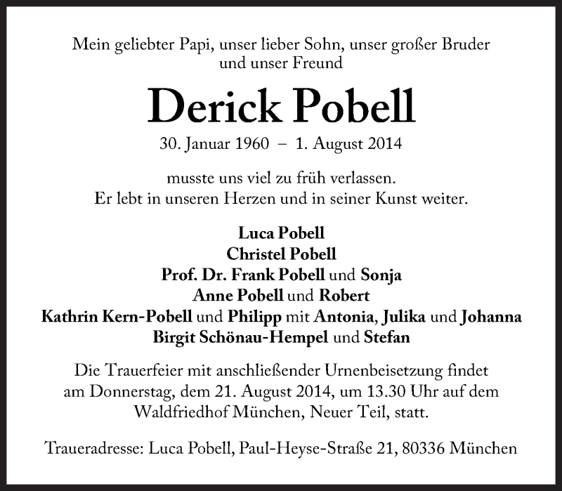  Traueranzeige für Derick Pobell  vom 09.08.2014 aus Süddeutsche Zeitung