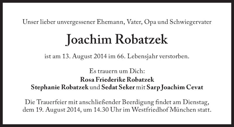  Traueranzeige für Joachim Robatzek vom 16.08.2014 aus Süddeutsche Zeitung