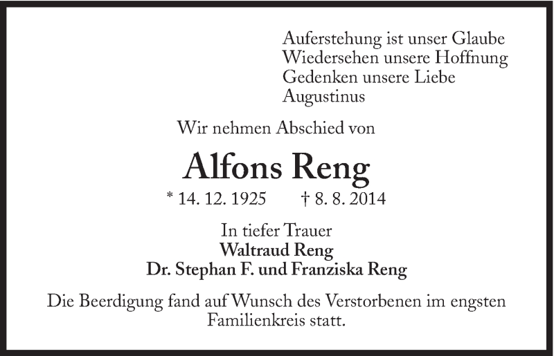 Traueranzeige für Alfons Reng vom 19.08.2014 aus Süddeutsche Zeitung