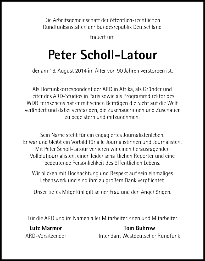  Traueranzeige für Peter Scholl-Latour vom 23.08.2014 aus Süddeutsche Zeitung