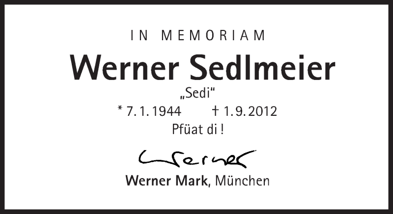  Traueranzeige für Werner Sedlmeier vom 01.09.2014 aus Süddeutsche Zeitung
