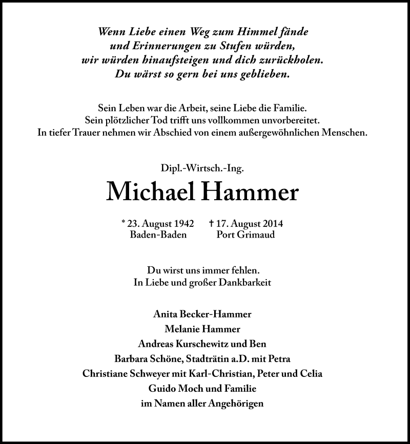  Traueranzeige für Michael Hammer vom 30.08.2014 aus Süddeutsche Zeitung