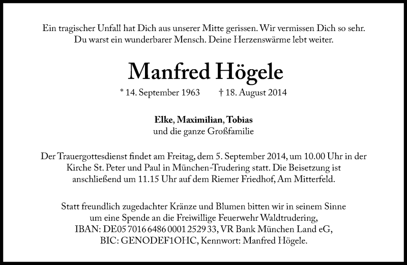  Traueranzeige für Manfred Högele vom 30.08.2014 aus Süddeutsche Zeitung
