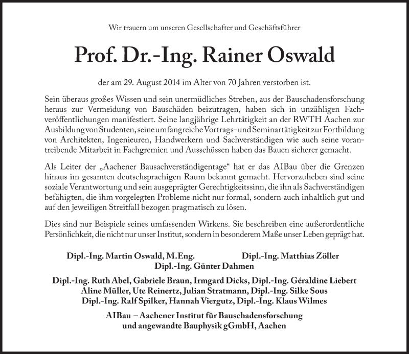  Traueranzeige für Rainer Oswald vom 01.09.2014 aus Süddeutsche Zeitung