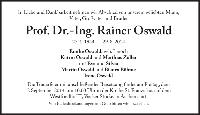  Traueranzeige für Rainer Oswald vom 01.09.2014 aus Süddeutsche Zeitung