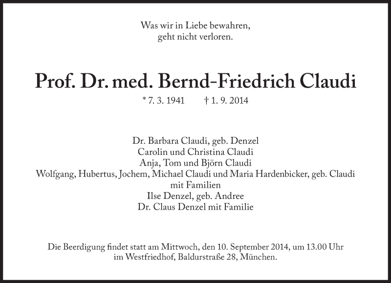  Traueranzeige für Bernd-Friedrich Claudi vom 06.09.2014 aus Süddeutsche Zeitung