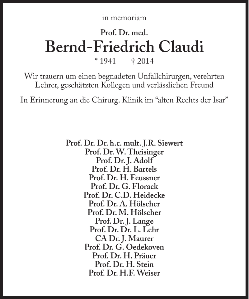  Traueranzeige für Bernd-Friedrich Claudi vom 10.09.2014 aus Süddeutsche Zeitung