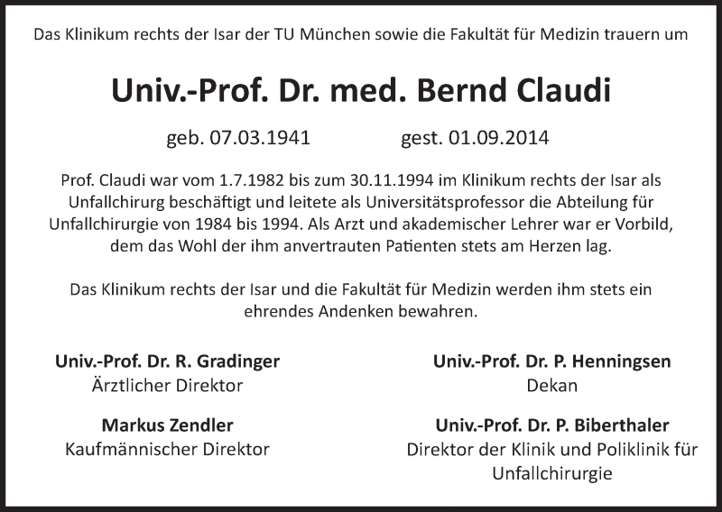  Traueranzeige für Bernd-Friedrich Claudi vom 11.09.2014 aus Süddeutsche Zeitung