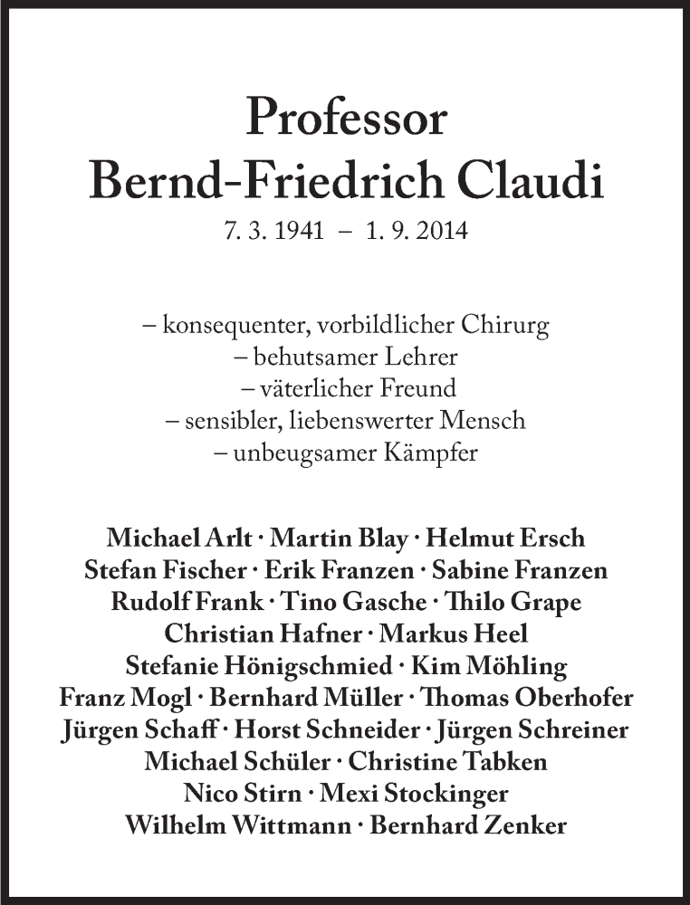  Traueranzeige für Bernd-Friedrich Claudi vom 13.09.2014 aus Süddeutsche Zeitung