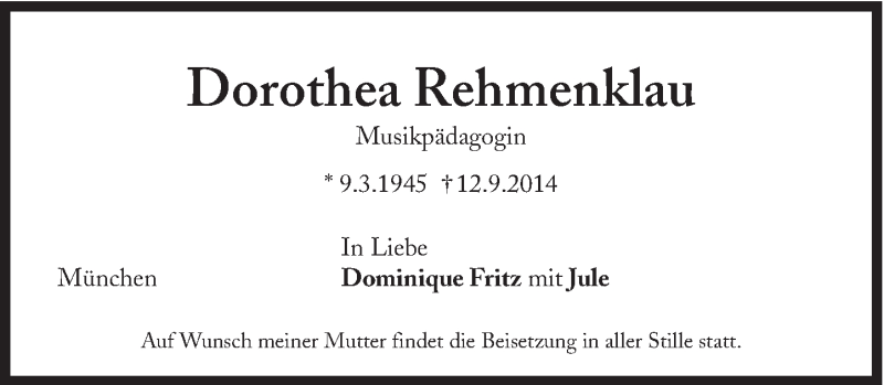  Traueranzeige für Dorothea Rehmenklau vom 13.09.2014 aus Süddeutsche Zeitung