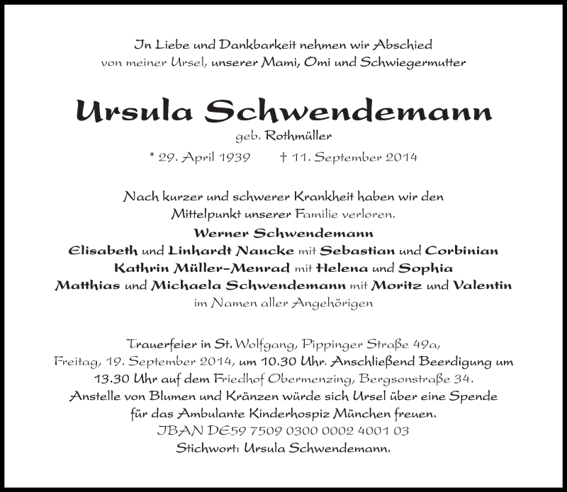  Traueranzeige für Ursula Schwendemann vom 16.09.2014 aus Süddeutsche Zeitung