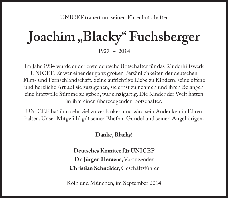  Traueranzeige für Joachim Blacky Fuchsberger vom 20.09.2014 aus Süddeutsche Zeitung