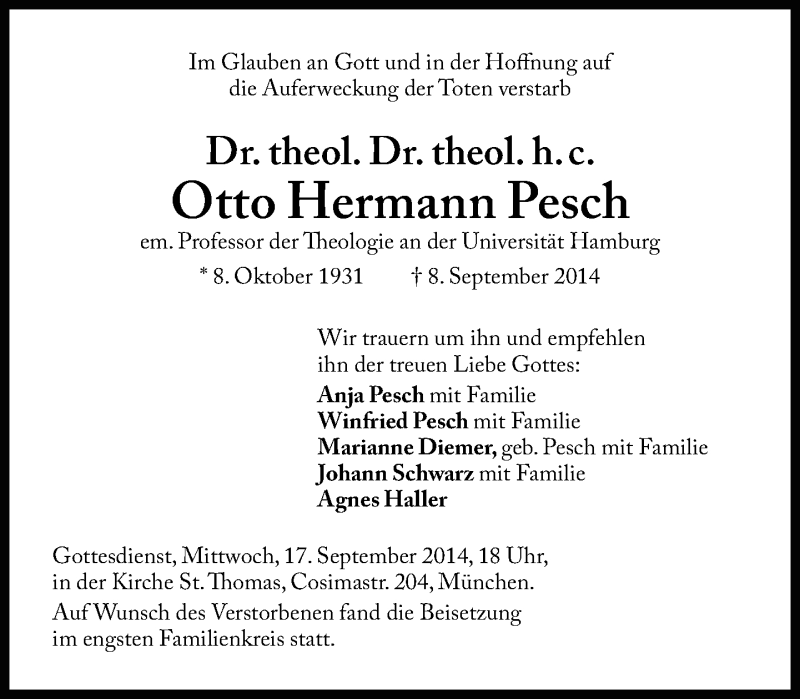  Traueranzeige für Otto Hermann Pesch vom 17.09.2014 aus Süddeutsche Zeitung