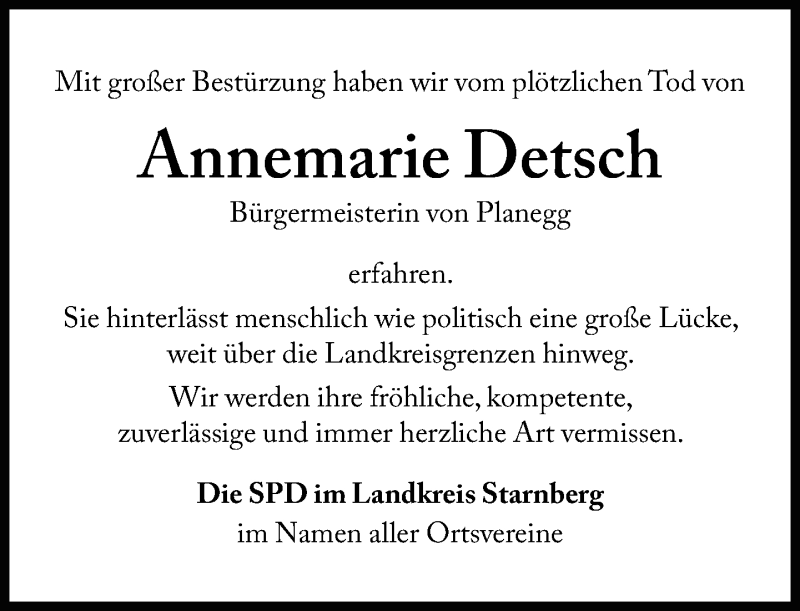  Traueranzeige für Annemarie Detsch vom 19.09.2014 aus Süddeutsche Zeitung