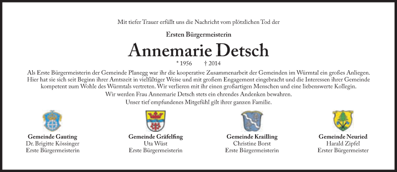  Traueranzeige für Annemarie Detsch vom 20.09.2014 aus Süddeutsche Zeitung