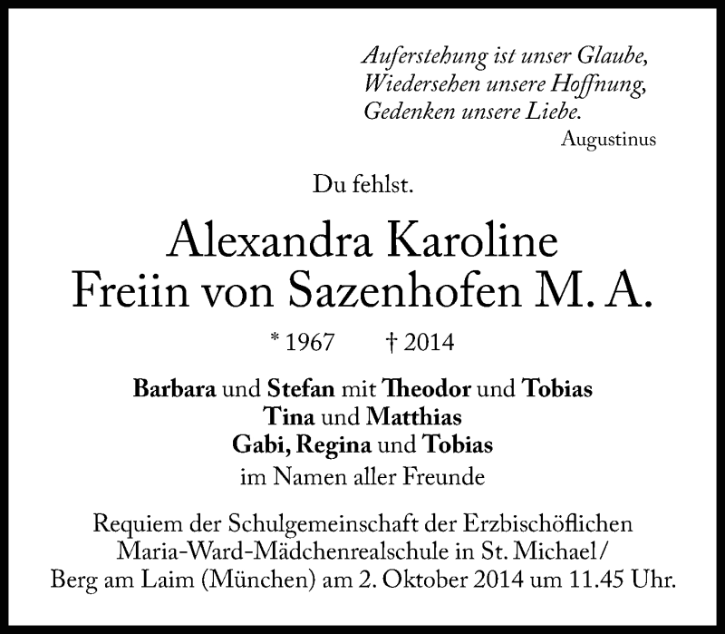  Traueranzeige für Alexandra Karoline Freiin von Sazenhofen vom 27.09.2014 aus Süddeutsche Zeitung