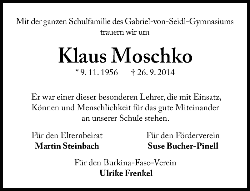  Traueranzeige für Klaus Moschko vom 02.10.2014 aus Süddeutsche Zeitung