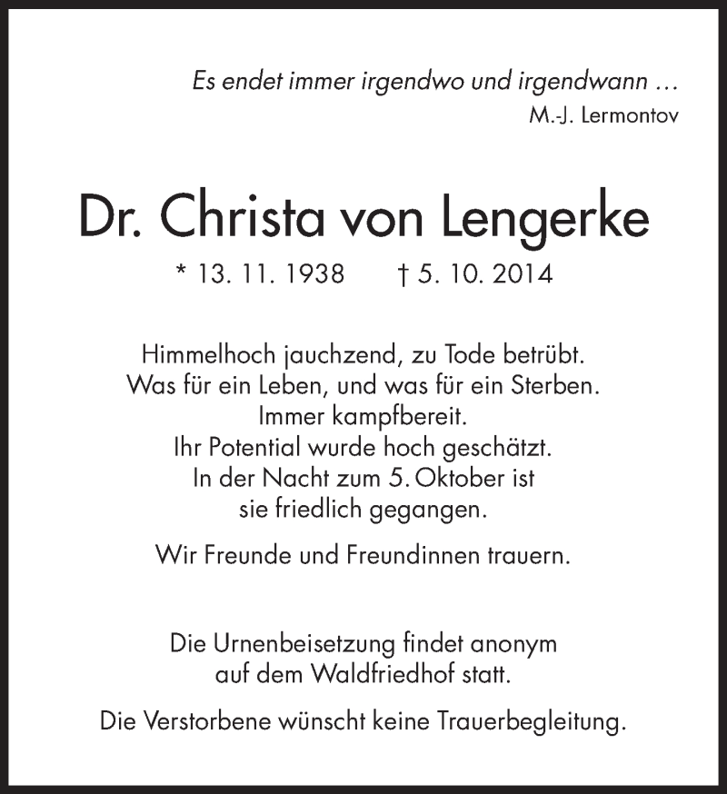  Traueranzeige für Dr. Christa von Lengerke vom 08.10.2014 aus Süddeutsche Zeitung