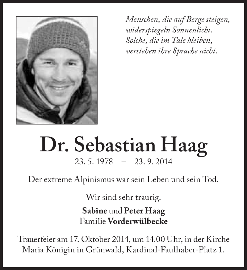  Traueranzeige für Sebastian Haag vom 11.10.2014 aus Süddeutsche Zeitung