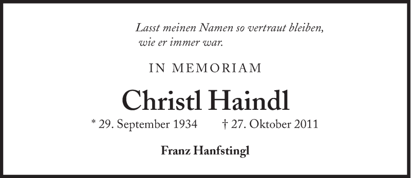  Traueranzeige für Christl Haindl vom 25.10.2014 aus Süddeutsche Zeitung