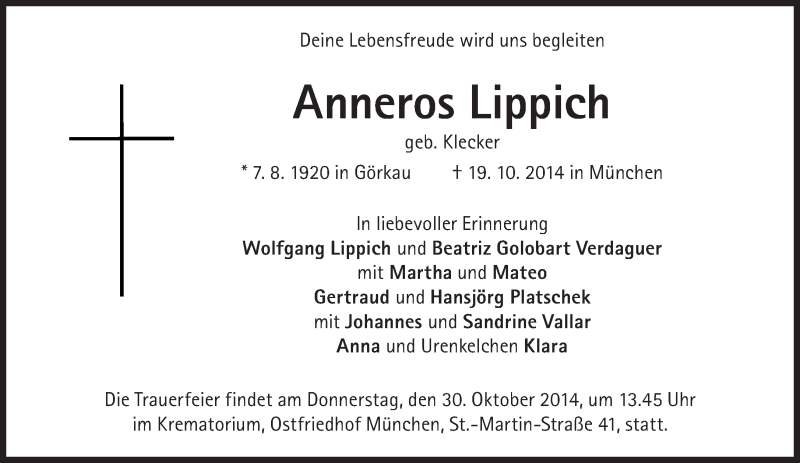  Traueranzeige für Anneros Lippich vom 25.10.2014 aus Süddeutsche Zeitung