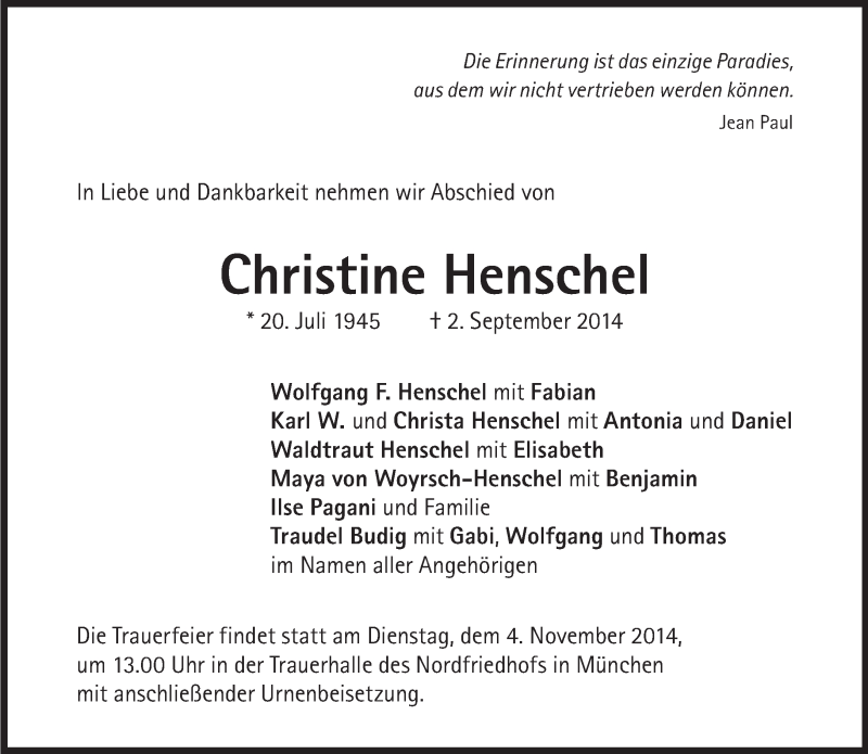  Traueranzeige für Christine Henschel vom 25.10.2014 aus Süddeutsche Zeitung