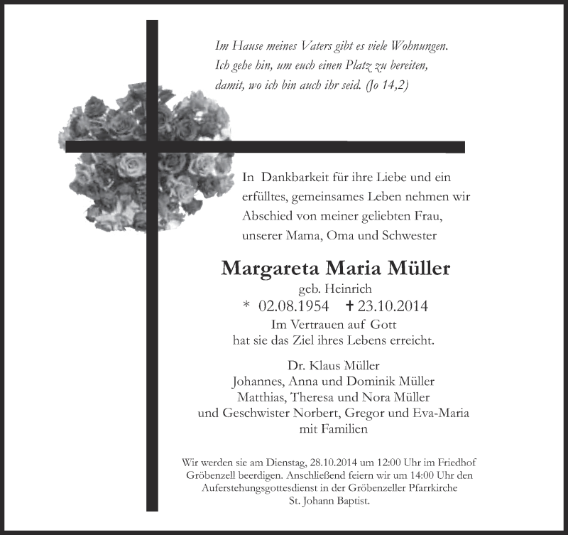  Traueranzeige für Margareta Maria Müller vom 25.10.2014 aus Süddeutsche Zeitung