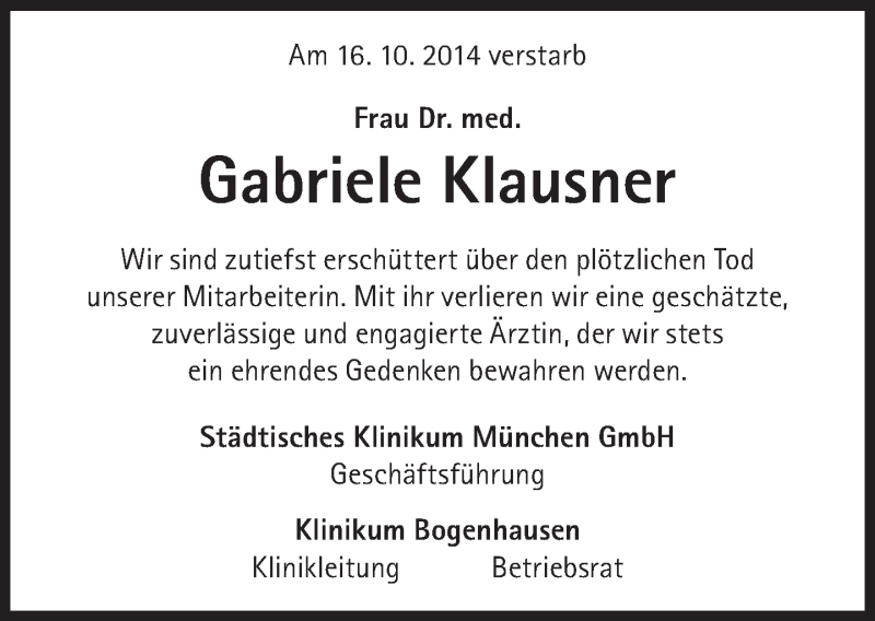  Traueranzeige für Gabriele Klausner vom 25.10.2014 aus Süddeutsche Zeitung