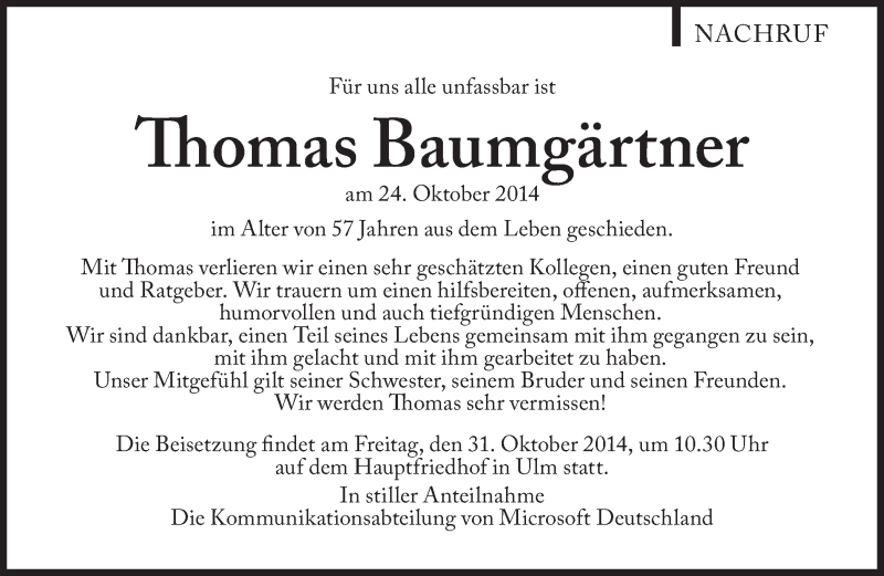  Traueranzeige für Thomas Baumgärtner vom 30.10.2014 aus Süddeutsche Zeitung